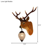 Rustic Elk Resin Wall Sconce Lamp In Brown With Crystal Waterdrop Shade