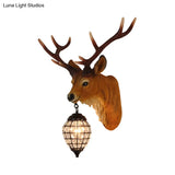 Rustic Elk Resin Wall Sconce Lamp In Brown With Crystal Waterdrop Shade