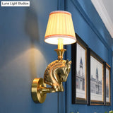 Rustic Fabric Conical Wall Light: Gold Hallway Sconce With Horse Head Arm