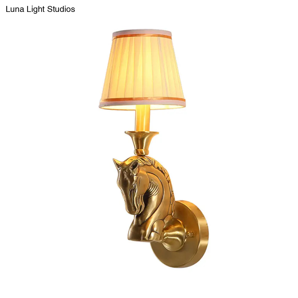 Rustic Fabric Conical Wall Light: Gold Hallway Sconce With Horse Head Arm