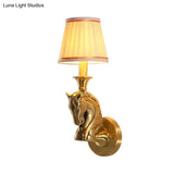 Rustic Fabric Conical Wall Light: Gold Hallway Sconce With Horse Head Arm