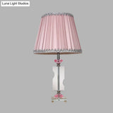 Rustic Fabric Pink Night Lamp With Crystal Accent - Single Head Tapered Nightstand Light