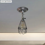 Rustic Farmhouse Semi-Flush Iron Cage Bedroom Ceiling Light In Rust/Aged Silver