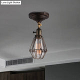Rustic Farmhouse Semi-Flush Iron Cage Bedroom Ceiling Light In Rust/Aged Silver