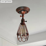 Rustic Farmhouse Semi-Flush Iron Cage Bedroom Ceiling Light In Rust/Aged Silver