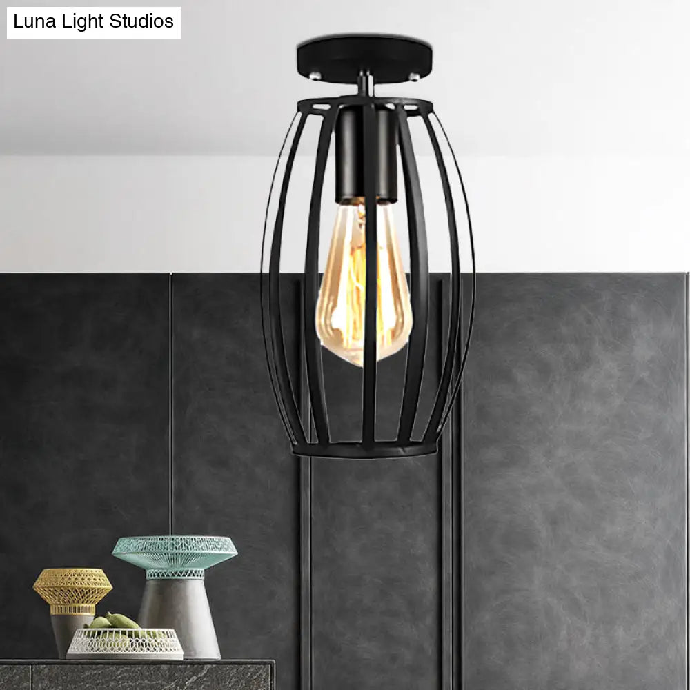 Rustic Farmhouse Semi Flush Mount Light: Barn/Oval Restaurant With Cage Shade & 1 Light Black