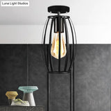 Rustic Farmhouse Semi Flush Mount Light: Barn/Oval Restaurant With Cage Shade & 1 Light Black
