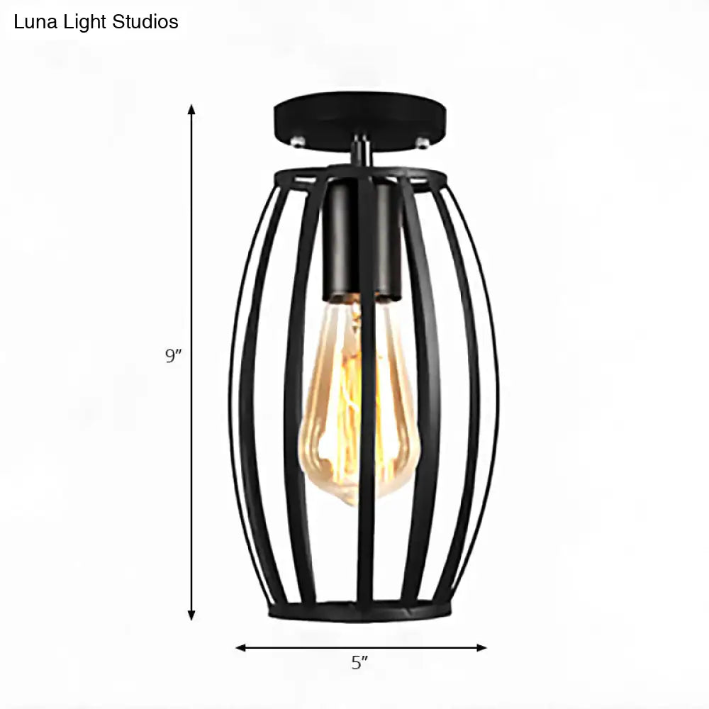 Rustic Farmhouse Semi Flush Mount Light: Barn/Oval Restaurant With Cage Shade & 1 Light Black