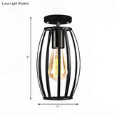 Rustic Farmhouse Semi Flush Mount Light: Barn/Oval Restaurant With Cage Shade & 1 Light Black