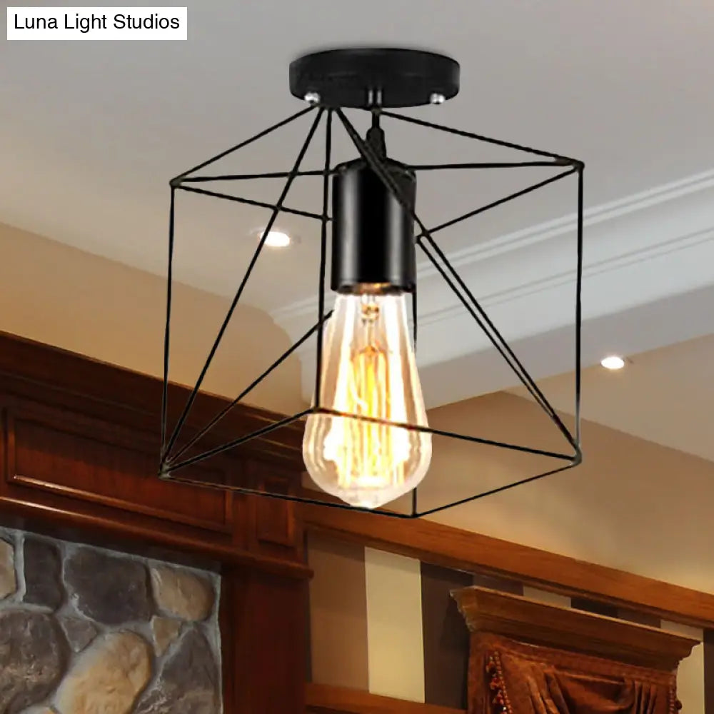 Rustic Farmhouse Semi Flush Mount Light: Barn/Oval Restaurant With Cage Shade & 1 Light Black