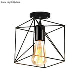 Rustic Farmhouse Semi Flush Mount Light: Barn/Oval Restaurant With Cage Shade & 1 Light Black