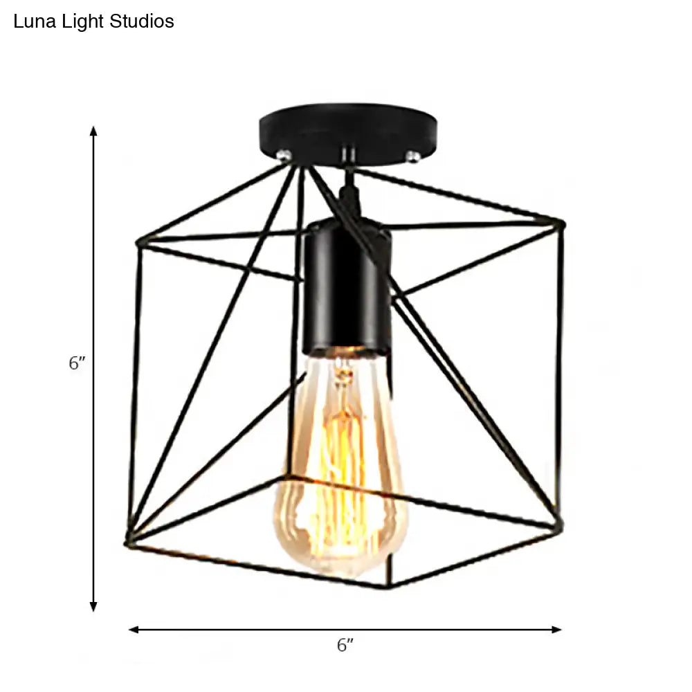 Rustic Farmhouse Semi Flush Mount Light: Barn/Oval Restaurant With Cage Shade & 1 Light Black