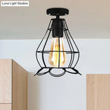 Rustic Farmhouse Semi Flush Mount Light: Barn/Oval Restaurant With Cage Shade & 1 Light Black