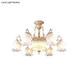 Rustic Floral Ceiling Light With White Glass Shades - 7/9/11 Head Semi Flush Mount For Living Room