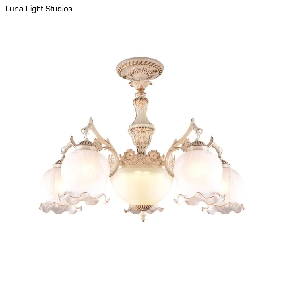 Rustic Floral Ceiling Light With White Glass Shades - 7/9/11 Head Semi Flush Mount For Living Room