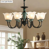 Rustic Floral Chandelier With Blackish Green Suspension And Frosted Glass For Living Room