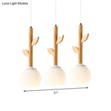 Rustic Flower Pendant Lamp W/ 3 Glass Lights & Wood Leaf For Kitchen Ceiling - White