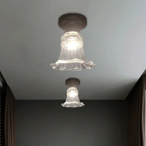 Rustic Fluted Glass Ceiling Lamp: Rural Style Blossom Flush Mount In Black Clear