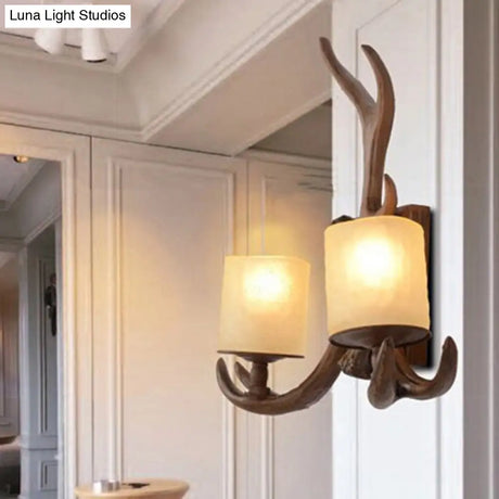 Rustic Frost Glass Wall Lamp With Brown Cylinder 2 Bulbs - Decorative Antler Accent For Living Room
