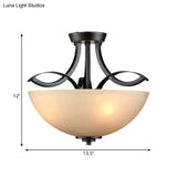 Rustic Frosted Glass Ceiling Light: Black Semi Flush 3 - Bulb Bowl For Bedroom