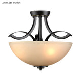 Rustic Frosted Glass Ceiling Light: Black Semi Flush 3 - Bulb Bowl For Bedroom
