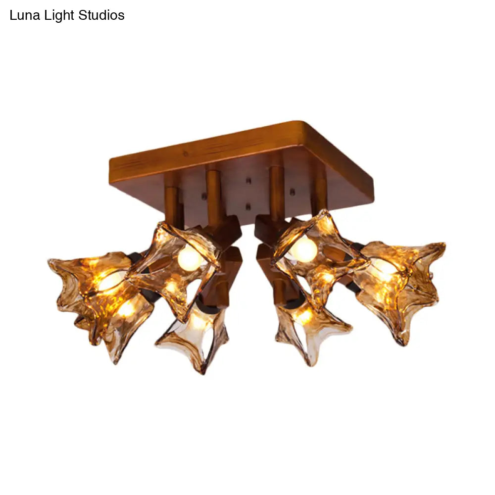 Rustic Glass Flower Semi Flush Light With Red Brown 3/5/8 Lights For Dining Room Ceiling