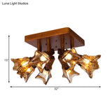 Rustic Glass Flower Semi Flush Light With Red Brown 3/5/8 Lights For Dining Room Ceiling