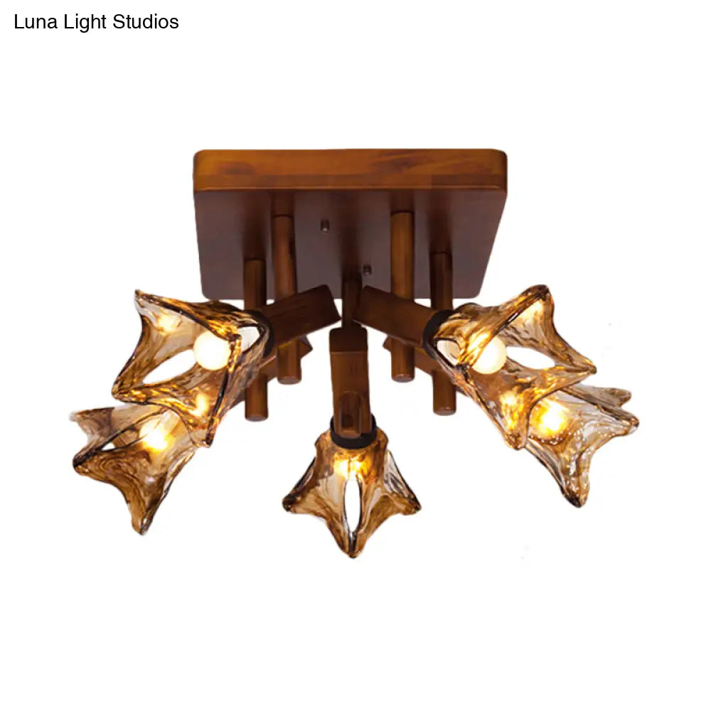 Rustic Glass Flower Semi Flush Light With Red Brown 3/5/8 Lights For Dining Room Ceiling