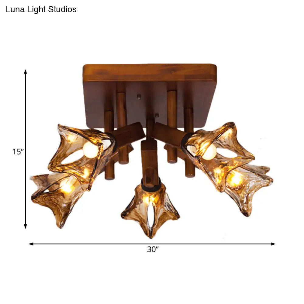 Rustic Glass Flower Semi Flush Light With Red Brown 3/5/8 Lights For Dining Room Ceiling