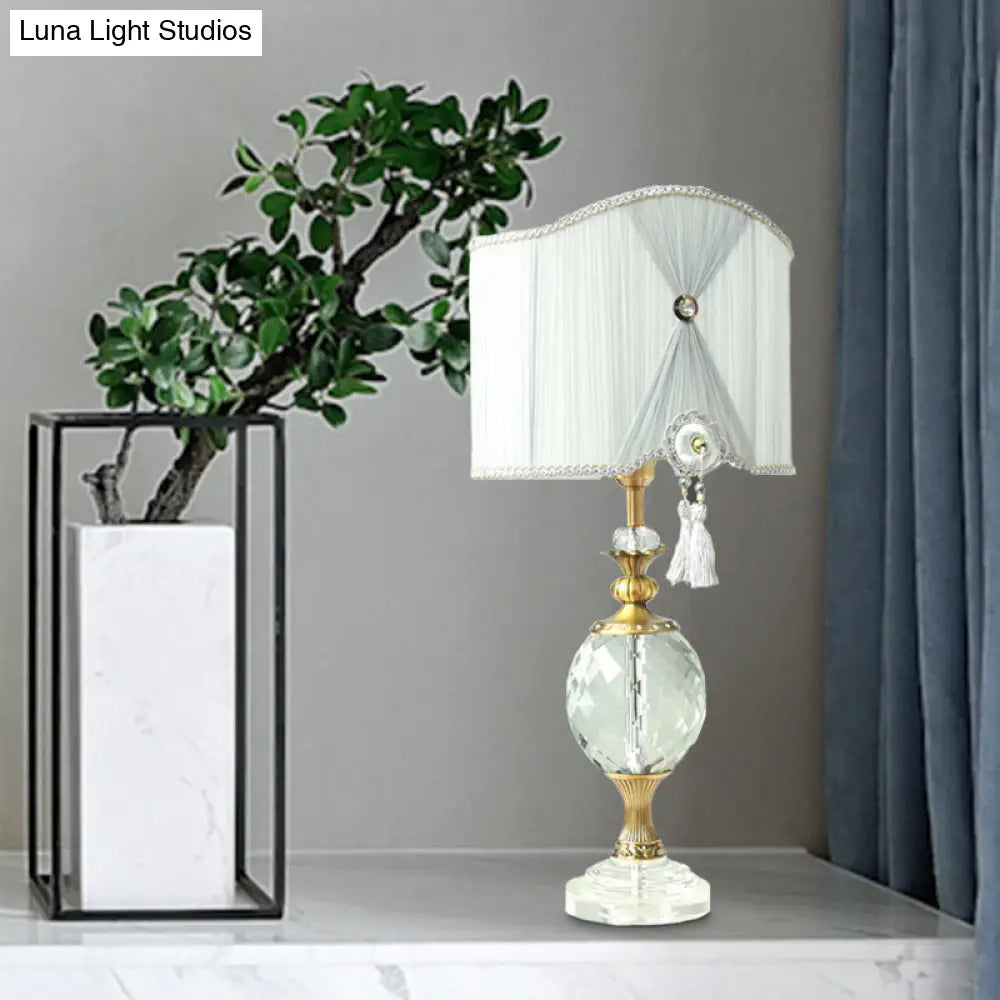 Rustic Globe Night Lamp With Crystal Table Light - Single Bulb White Drum Fabric Shade
