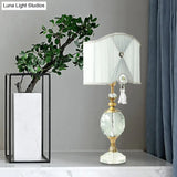Rustic Globe Night Lamp With Crystal Table Light - Single Bulb White Drum Fabric Shade
