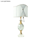 Rustic Globe Night Lamp With Crystal Table Light - Single Bulb White Drum Fabric Shade