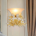 Rustic Gold/Beige Opal Fluted Glass Wall Light With Dual Angels Decor - Mounted Lamp Beige