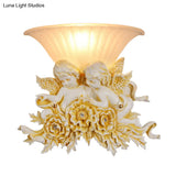 Rustic Gold/Beige Opal Fluted Glass Wall Light With Dual Angels Decor - Mounted Lamp