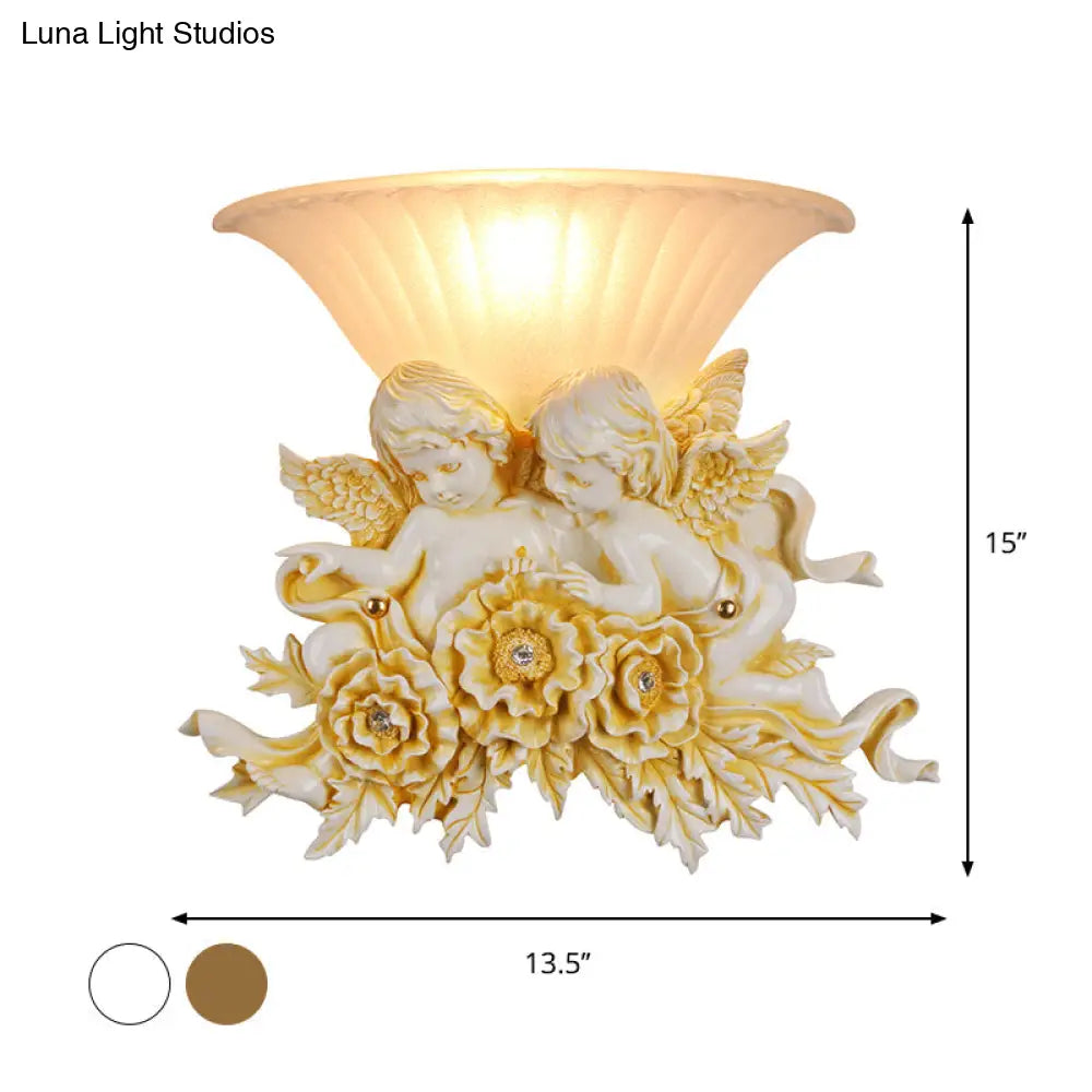 Rustic Gold/Beige Opal Fluted Glass Wall Light With Dual Angels Decor - Mounted Lamp