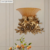 Rustic Gold/Beige Opal Fluted Glass Wall Light With Dual Angels Decor - Mounted Lamp