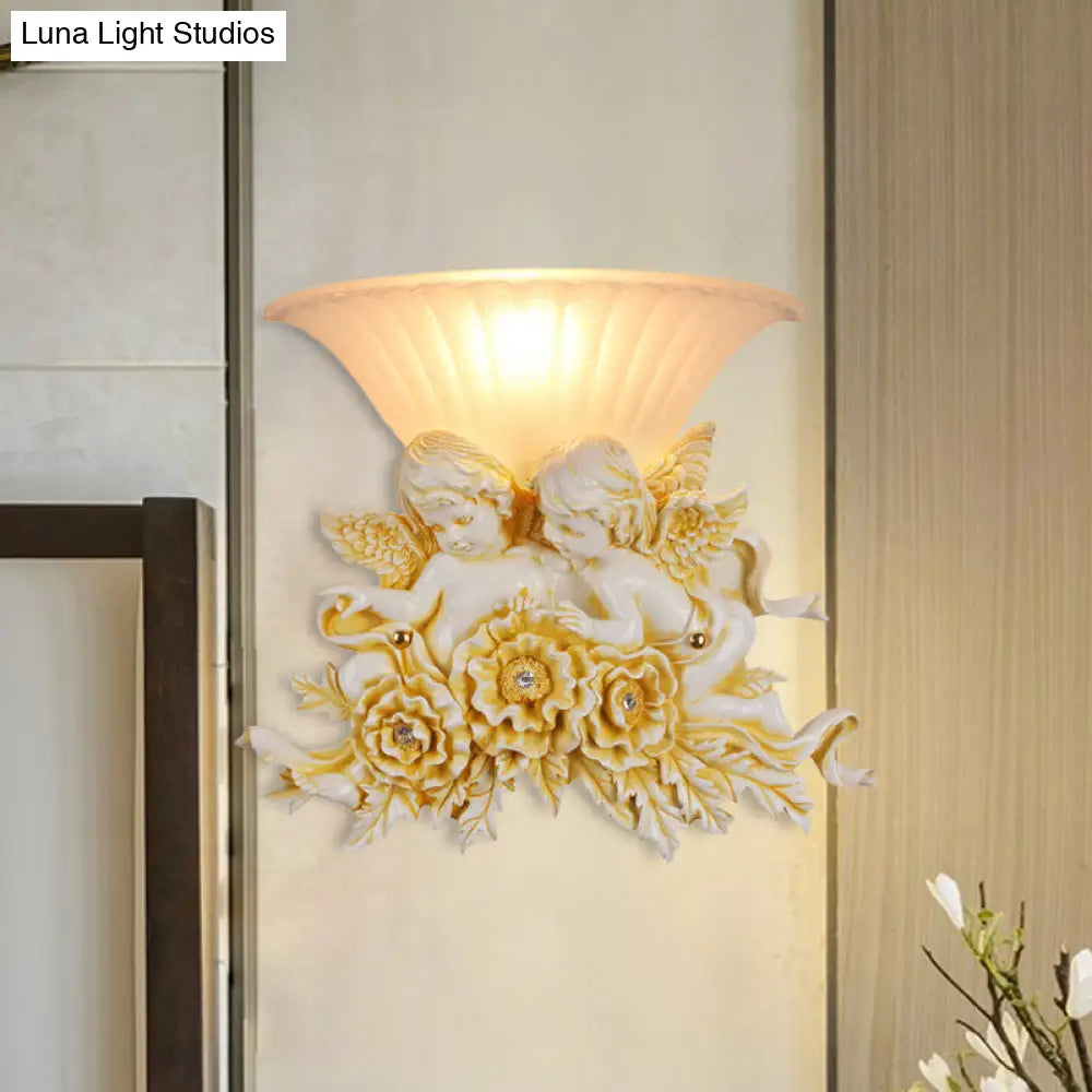 Rustic Gold/Beige Opal Fluted Glass Wall Light With Dual Angels Decor - Mounted Lamp