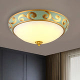 Rustic Gold Milk Glass Flush Light Fixture For Bedroom - 3 - Light Dome Ceiling Mount