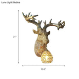 Rustic Gold Resin Deer Sconce Lamp - Wall Mounted Light With Crystal Glass Shade