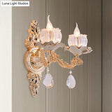 Rustic Gold Ruffle Wall Mount Sconce Light With Clear Ribbed Glass - Traditional Design