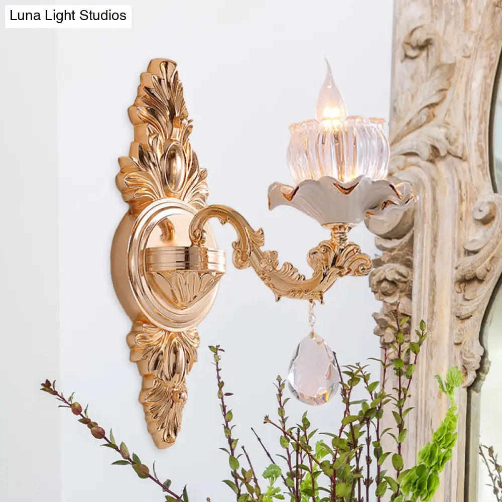 Rustic Gold Ruffle Wall Mount Sconce Light With Clear Ribbed Glass - Traditional Design