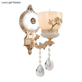 Rustic Gold Wall Sconce With Flower-Embossed Bowl And Frosted Glass - Crystal Accent