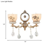 Rustic Gold Wall Sconce With Flower-Embossed Bowl And Frosted Glass - Crystal Accent