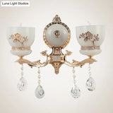 Rustic Gold Wall Sconce With Flower-Embossed Bowl And Frosted Glass - Crystal Accent