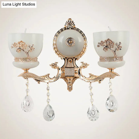 Rustic Gold Wall Sconce With Flower-Embossed Bowl And Frosted Glass - Crystal Accent