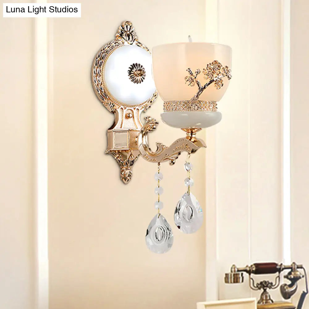 Rustic Gold Wall Sconce With Flower-Embossed Bowl And Frosted Glass - Crystal Accent