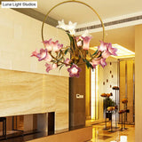 Rustic Hand-Blown Glass Lily Flower Chandelier For Living Room With Metal Ring
