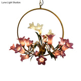 Rustic Hand-Blown Glass Lily Flower Chandelier For Living Room With Metal Ring