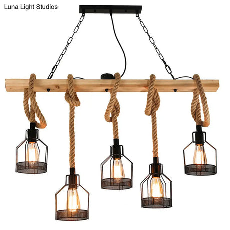 Rustic Hemp Rope Chandelier - Retro Industrial Pendant With Wire Cage For Restaurants