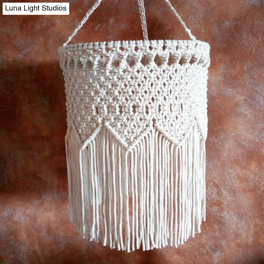 Rustic Hemp Rope Pendant Light With Criss-Cross Fringe Corridor Drop Design - 1 Head White